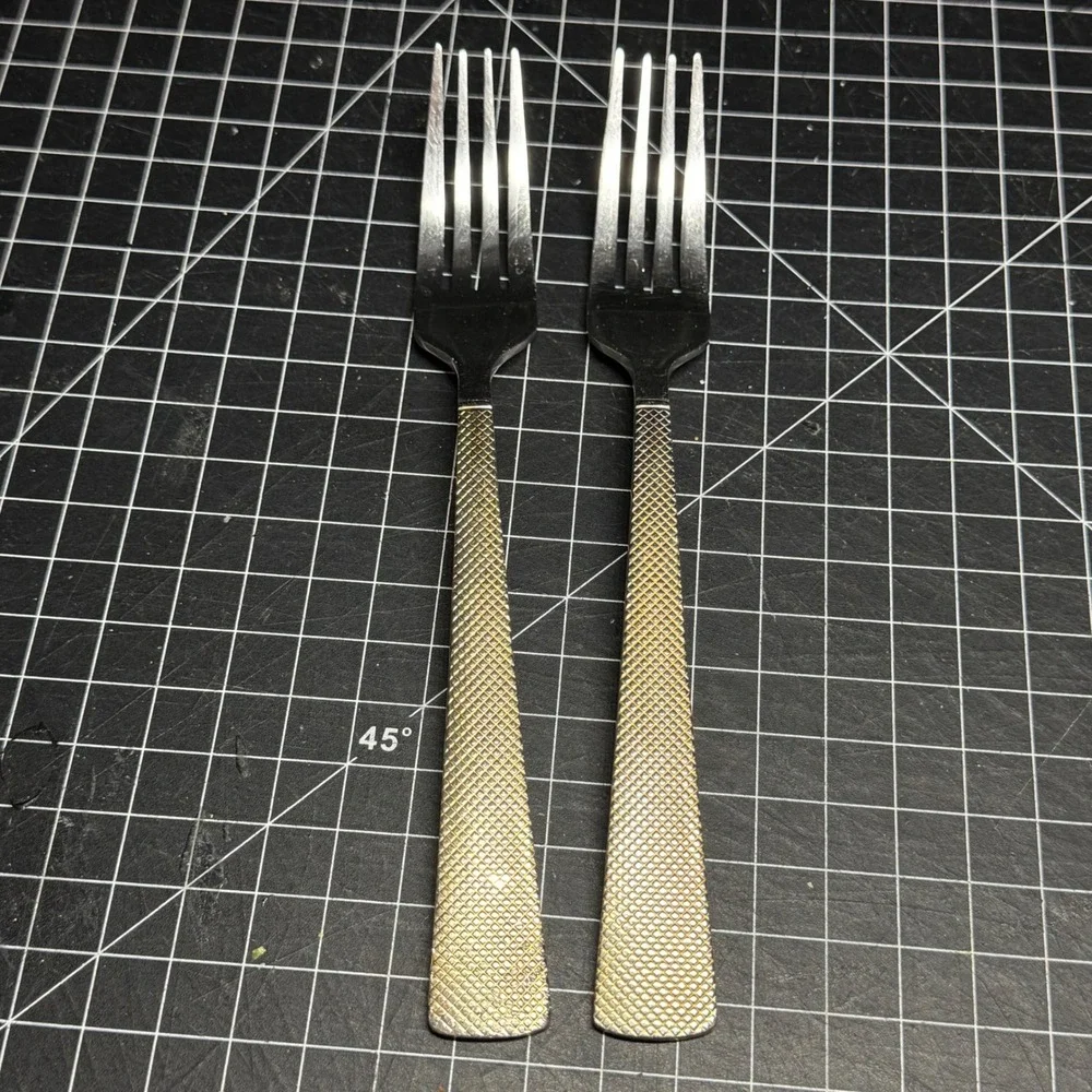 Argent Orfevres Stainless Steel Dinner Forks Textured Gold Tone Handle Set of 2